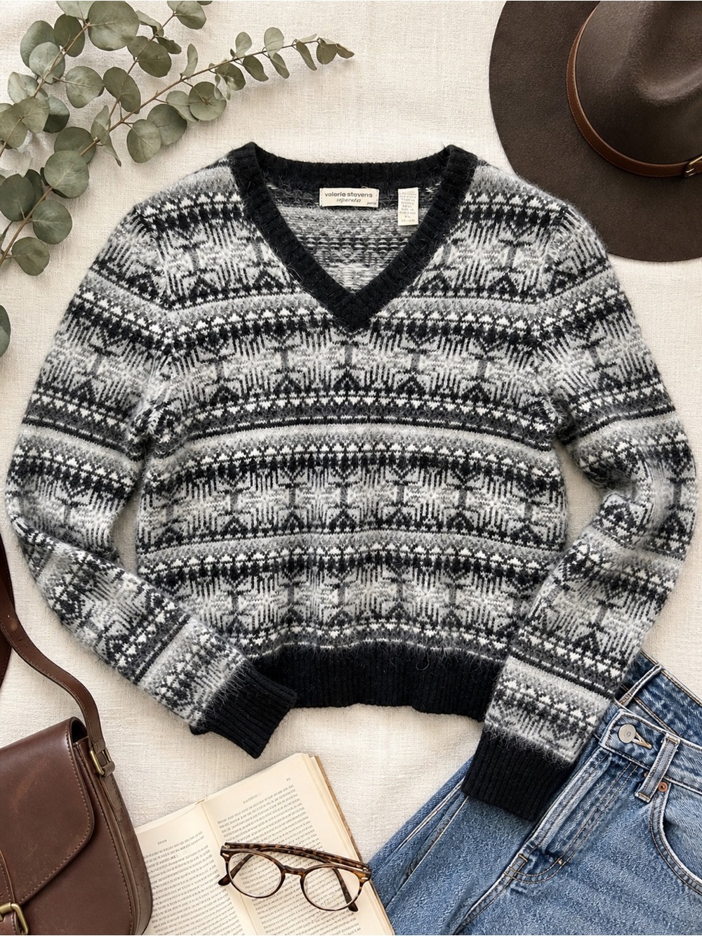 Valerie Stevens Fair Isle Nordic Angora Wool Cropped Sweater Petite Small C96